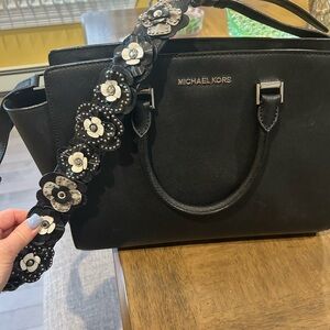 Michael Kors Black Shoulder Bag with Removable Floral Embellished Strap, EUC.
